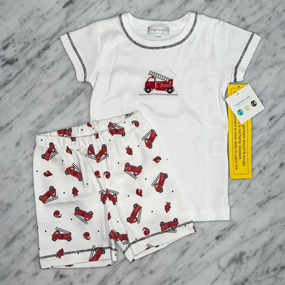 New Magnolia Baby Embroidered Firetruck Cotton Pajama Short Set